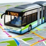 Ilustrácia moderného autobusu MHD v Trenčíne na pozadí interaktívnej mapy Google